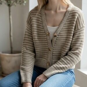 All in Favor Womens Chunky Striped V-Neck Cardigan Natural Ivory Size M NEW